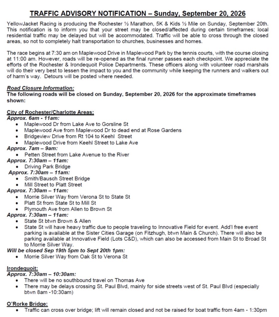 fleetfeetroc's tweet photo. TRAFFIC ADVISORY for Sunday, Sept 20th for Rochester Half Marathon!
Race Details Here: https://t.co/I2BpNLPtcS

Feel free to share

@news10nbc @WHAM1180 @13WHAM @News_8 @SPECNews1ROC @DandC @BobLonsberry @IrondequoitPD @irondequoit_ny https://t.co/TrhT4aUrq9