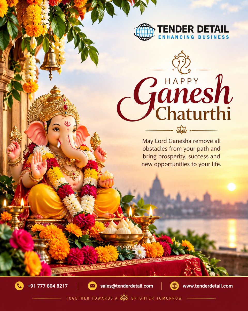 tenderindia's tweet photo. 🙏  𝐇𝐚𝐩𝐩𝐲 𝐆𝐚𝐧𝐞𝐬𝐡 𝐂𝐡𝐚𝐭𝐮𝐫𝐭𝐡𝐢! 🪔

May Lord Ganesha remove every obstacle from your path and bless you with 𝐬𝐮𝐜𝐜𝐞𝐬𝐬, 𝐩𝐫𝐨𝐬𝐩𝐞𝐫𝐢𝐭𝐲 𝐚𝐧𝐝 𝐧𝐞𝐰 𝐨𝐩𝐩𝐨𝐫𝐭𝐮𝐧𝐢𝐭𝐢𝐞𝐬. 

𝐓𝐞𝐧𝐝𝐞𝐫 𝐃𝐞𝐭𝐚𝐢𝐥 – 𝐄𝐧𝐡𝐚𝐧𝐜𝐢𝐧𝐠 𝐁𝐮𝐬𝐢𝐧𝐞𝐬𝐬 https://t.co/waERicgG2o