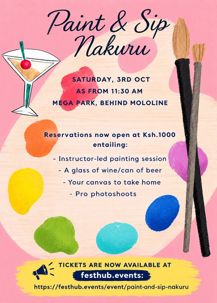 festhubevents's tweet photo. Paint, Sip and a whole lot of vibes! 🎨🥂Nakuru is calling - grab your tickets at FestHub and pull up with your crew. #PaintAndSip #Nakuru #FestHub https://t.co/CwM9UfigWN