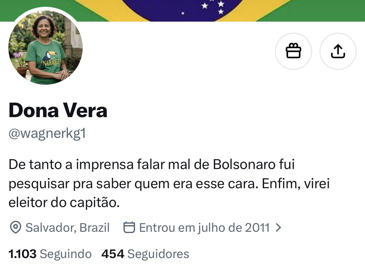 Dudu's tweet photo. O PL e o Flávio Rachadinha estão desesperados. Os fakes e os bots já estão sendo feitos pelos caralho mesmo. 

O perfil da Dona Vera que a @ ainda chama WAGNER e a Bio tá no masculino? Hahahaha https://t.co/rzQjt9DKza