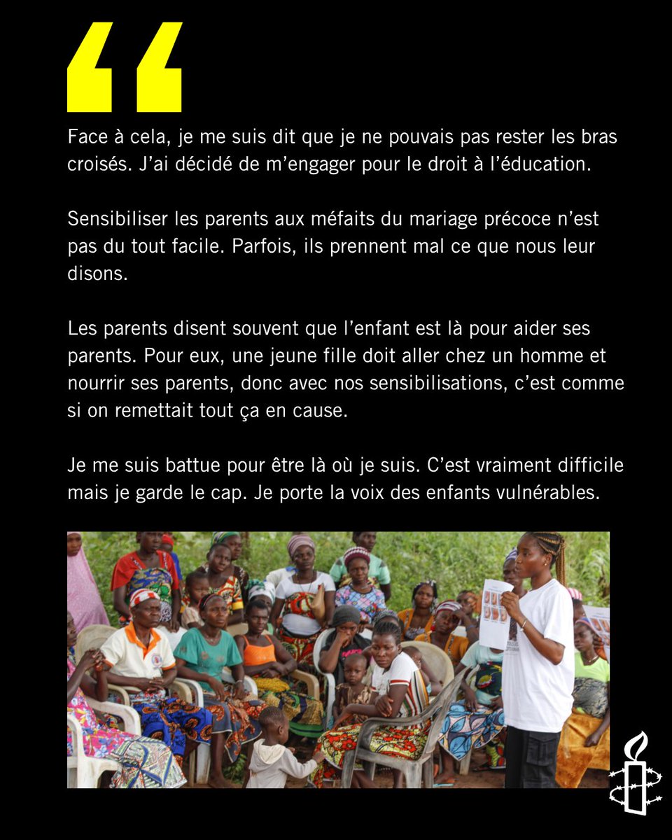 AmnestyWARO's tweet photo. Témoin des difficultés rencontrées par ses camarades de classe, mariées de force et contraintes d’arrêter leurs études, Aubierge s’est engagée en faveur du droit à l’éducation.

Découvrez son histoire : https://t.co/NniCnCCtze

#DroitsHumains https://t.co/i1gcSKAVAN