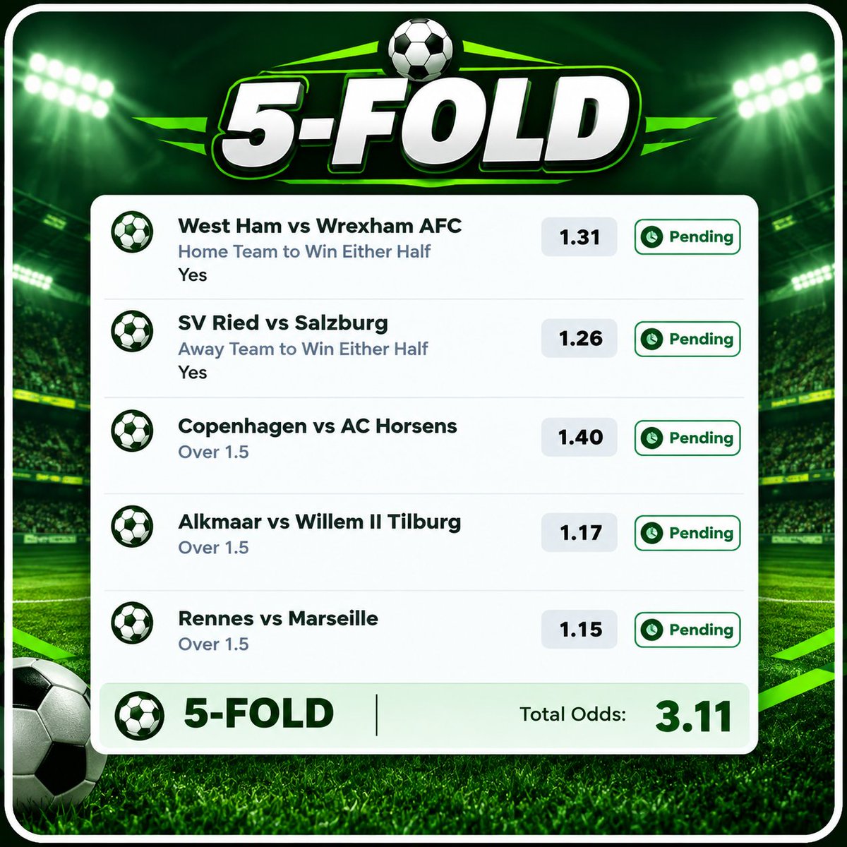 SureOddsHQ's tweet photo. ⚽️ 5-FOLD PICKS 🔥

1️⃣ West Ham vs Wrexham — Home Team to Win Either Half ✅
2️⃣ SV Ried vs Salzburg — Away Team to Win Either Half ✅
3️��� Copenhagen  Over 1.5 Goals ⚽
4️⃣ Alkmaar vs Willem II — Over 1.5 Goals ⚽
5️⃣ Rennes vs Marseille — Over 1.5 Goals ⚽ https://t.co/I0kq9QTVYx