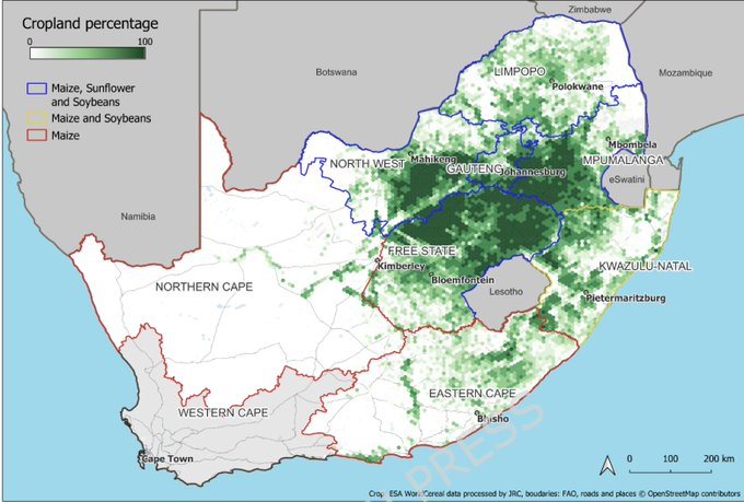 South Africa crop-yield forecasting map used in the TabPFN discussion, showing province-level cropland coverage for the benchmarked forecasting task