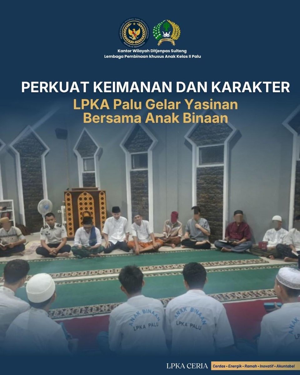 LPKAPALU's tweet photo. Perkuat Keimanan dan Karakter, LPKA Palu Gelar Yasinan Bersama Anak Binaan 

Palu – LPKA Palu terus menjadikan pembinaan keagamaan sebagai bagian penting dalam membentuk karakter dan mendorong perubahan positif Anak Binaan. Komitmen tersebut diwujudkan melalui kegiatan Yasinan https://t.co/Zxc1W8erDf
