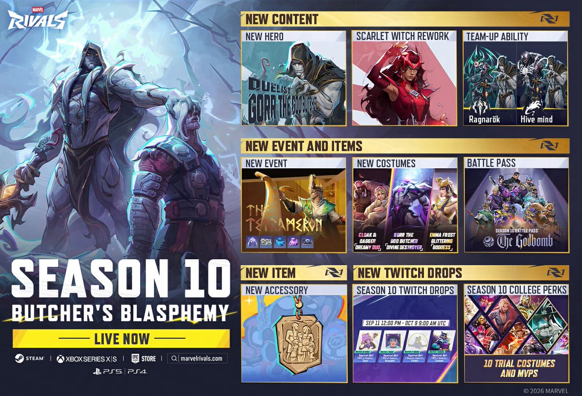 MarvelRivals's tweet photo. 🎉 SEASON 10: BUTCHER'S BLASPHEMY IS LIVE NOW! 

Check out the spectacular preview images below for a glimpse of the action, new battlegrounds, and stunning legendary costumes awaiting you in the Chronoverse!

The divine battle has begun! https://t.co/IPP6RicGfp