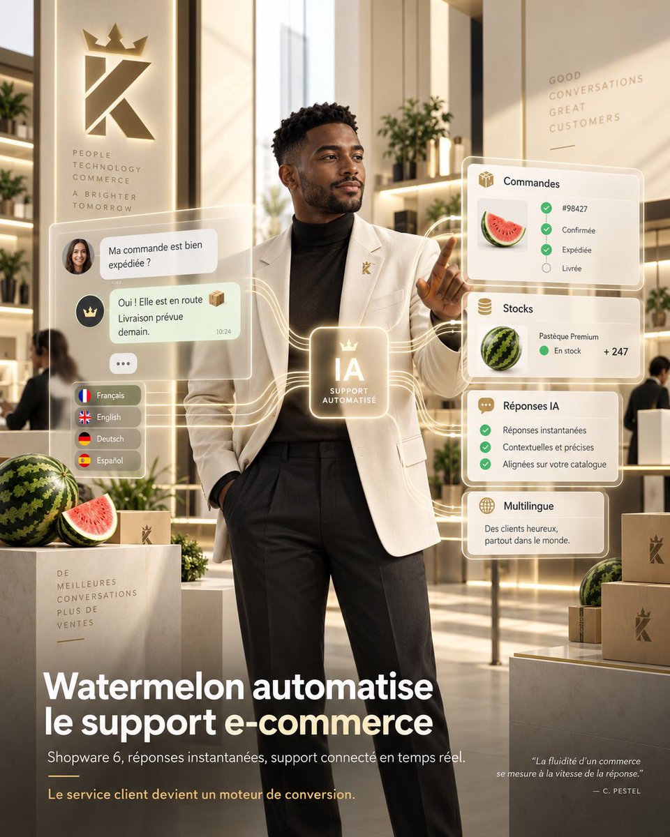 KingLandfr's tweet photo. 🚀 Automatisation : la nouvelle frontière du E-commerce

#KingLand #IA #AnnuaireIA #Watermelon #Ecommerce #Shopware #SupportClient #CX #Automatisation

Comment transformer une boutique en ligne en une interface conversationnelle capable de traiter chaque demande client instantanément ?

✨ Explorer Watermelon : https://t.co/gTl7Qnjn9f

Parce qu’avec la multiplication des points de contact, comprendre l'automatisation par agent IA vaut mieux que subir la saturation des services support. @WatermelonHQ déploie désormais une intégration native avec Shopware 6, permettant de relier une boutique à un agent intelligent en moins de deux minutes pour répondre aux requêtes sur les commandes et les stocks.

Cette synergie pourrait redéfinir la réactivité opérationnelle en supprimant les délais d'attente habituels. Le commerce digital basculerait ainsi vers une gestion autonome où le flux transactionnel et le service client deviennent indissociables.

🔍 Insight stratégique : L'intégration native réduit drastiquement la friction technique entre la donnée produit et l'interface client.

🤖 Insight technologique : La synchronisation en temps réel permet une précision accrue sur le suivi des commandes complexes.

📈 Insight business : Une résolution instantanée des requêtes pourrait accroître mécaniquement le taux de conversion final.

💡 Insight créatif : Le support devient un levier proactif de vente plutôt qu'un centre de coûts réactif.

🛡️ Insight risque : La dépendance aux flux de données externes nécessite une vigilance constante sur la mise à jour des informations.

🚀 Insight opportunité : Le déploiement rapide ouvre la voie à une scalabilité immédiate du service client multilingue.

▫️ Fiche Tool : https://t.co/gLUWILbPAO

❝ La fluidité d'un commerce ne se mesure plus par le clic, mais par la vitesse à laquelle l'IA apporte la réponse exacte au besoin exprimé. ❞
— C. Pestel

Pour aller plus loin dans l’analyse :

▫️ Dernière Fiche Impact : https://t.co/CJeGdoH5Cj

J'observe que la barrière technique pour déployer une intelligence artificielle performante s'effondre littéralement sous nos yeux. Je m'interroge toutefois sur la manière dont cette automatisation massive va modifier la perception humaine de la marque en cas d'erreur de traitement. Je prends du recul en constatant que nous passons d'une gestion de sites statiques à une orchestration dynamique de conversations. Ma conviction est que le futur de l'e-commerce réside exclusivement dans ces agents capables de naviguer au cœur des catalogues en temps réel.

Selon vous, le support client conversationnel est-il en passe de devenir le principal moteur de fidélisation dans le commerce en ligne ?