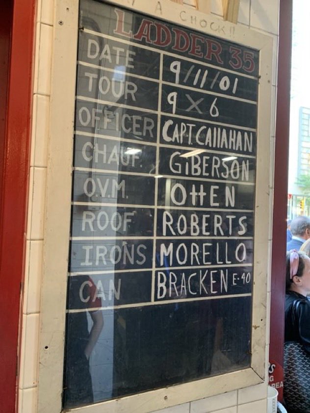 JaniceDean's tweet photo. Twelve firefighters who were working in my husband's firehouse died on 9/11. The "riding list," handwritten in chalk shows all the men who were on duty that day. It still hangs on the firehouse wall, forever preserved in glass. Engine 40 Ladder 35
#NeverForget911 @FDNY

Captain Frank Callahan, Kevin Bracken, Michael D'Auria, Lieutenant John Ginley, Steve Mercado, Michael Roberts, Michael Otten, Jimmy Giberson, Dan Marshall, Bruce Gary, Michael Lynch, Vincent Morello.