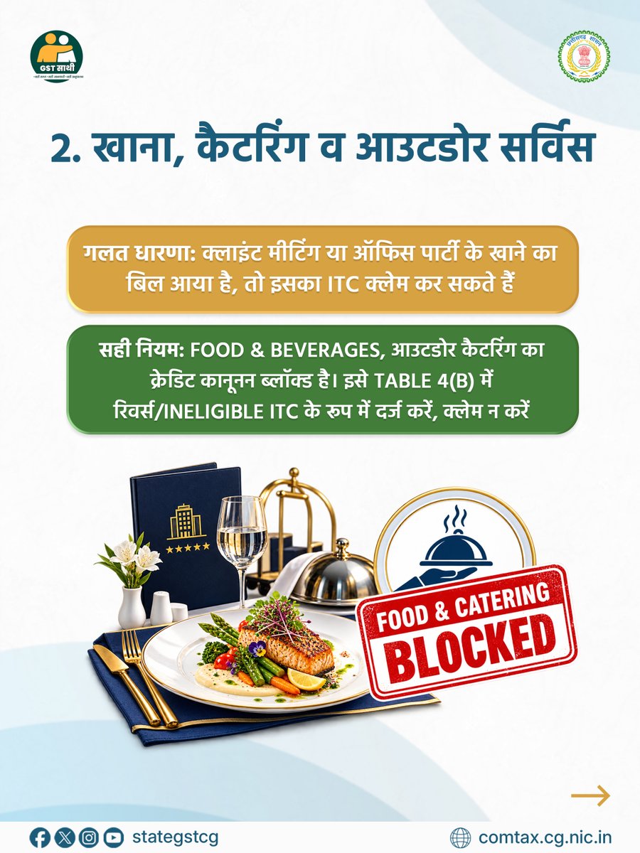 StateGSTCG's tweet photo. हर बिज़नेस बिल का ITC क्लेम नहीं किया जा सकता! कुछ खर्चों पर #InputTaxCredit Blocked होता है।🚫🧾

Swipe करें और जानें 5 ऐसे खर्च, जिन पर #ITC क्लेम करने से पहले सावधानी ज़रूरी है। सही ITC क्लेम करें, सही अनुपालन अपनाएँ।

#GSTSaathi #BlockedITC #ITCClaim #CGGST #ChhattisgarhGST https://t.co/dzpj51sKvU