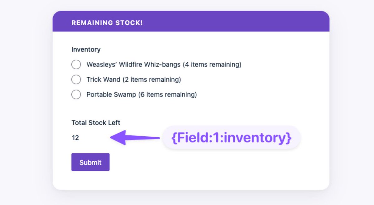GravityWiz's tweet photo. Your remaining stock can now go to work anywhere merge tags do thanks to GP Inventory, our inventory plugin for @gravityforms. 

Show a field's available stock in notifications, or pull it into calculation formulas for pricing and limits that react to what's actually left. https://t.co/RdSUGp7AzG
