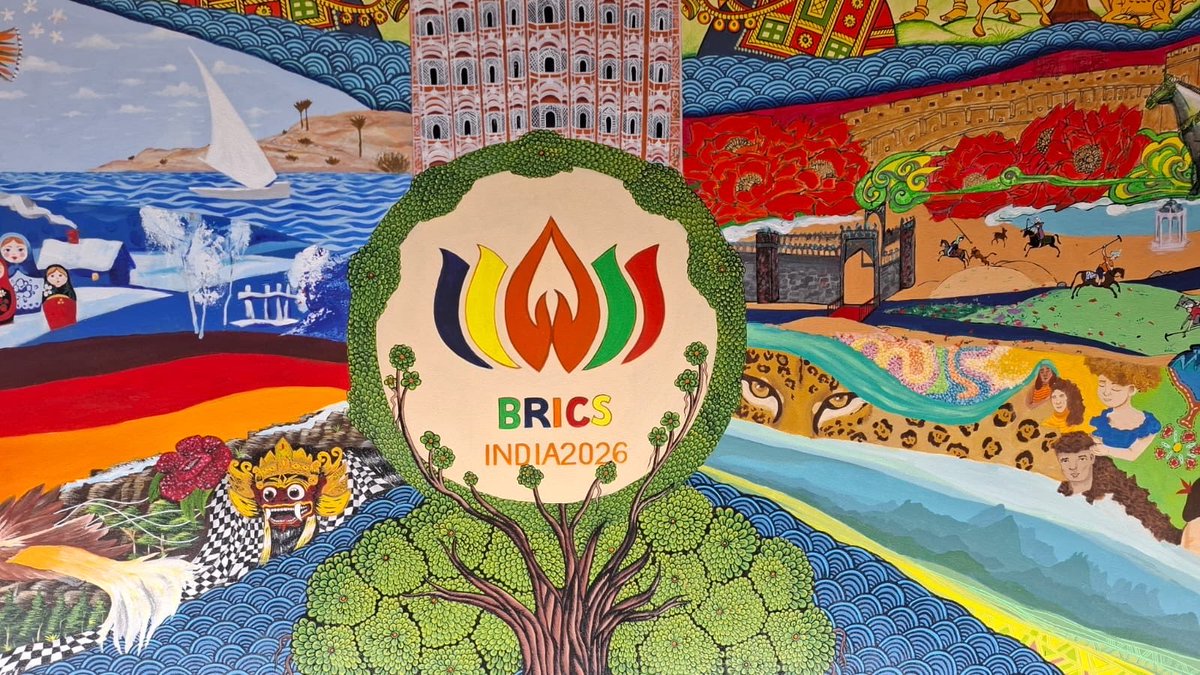 AYUSHANCHOR's tweet photo. 9 countries. One canvas. One message.

“Sangam: A Confluence of Cultures” brings BRICS artists together, inspired by the Indian idea of rivers meeting as one.

A celebration of friendship, unity in diversity, resilience, innovation, cooperation &amp; sustainability.
#BRICS2026 #BRICS https://t.co/ToT0lpqcXk