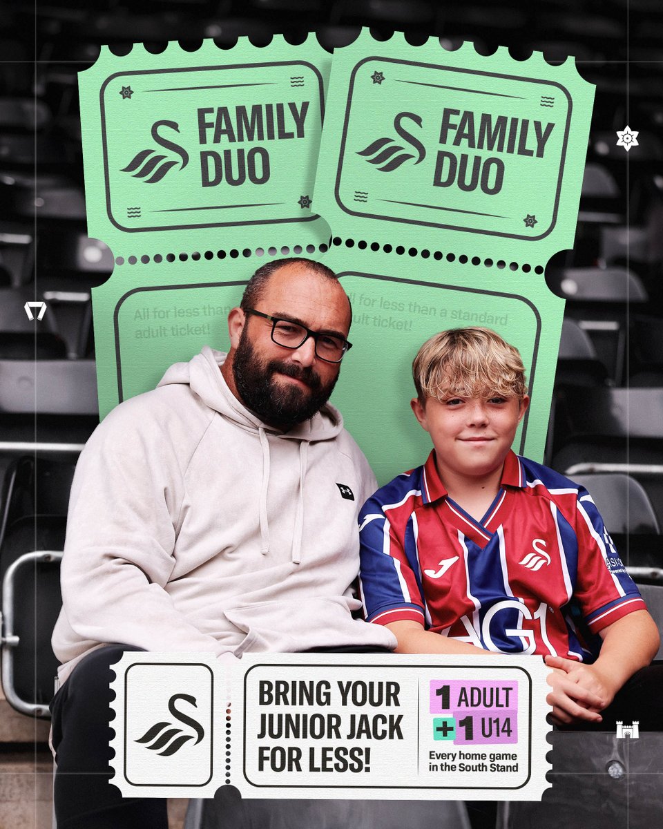 SwansOfficial's tweet photo. Bring your Junior Jack for less 🦢

Family Duo tickets from £26 for Burnley this Saturday 🎟️https://t.co/t75DjYkcWo

Available at every home game this season 👉 https://t.co/pnghMwbsQn https://t.co/w891B4PKAx