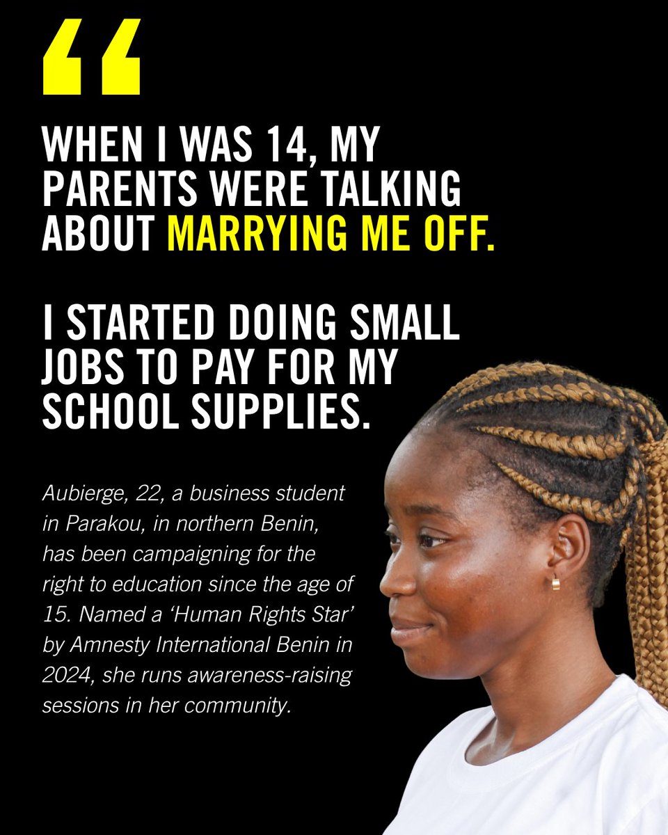 AmnestyWARO's tweet photo. Witnessing her classmates being forced into marriage and compelled to abandon school inspired Aubierge to fight for the right to education.

Discover her story: https://t.co/pFyu2PsXl5

#HumanRights https://t.co/y9hstHhUk8