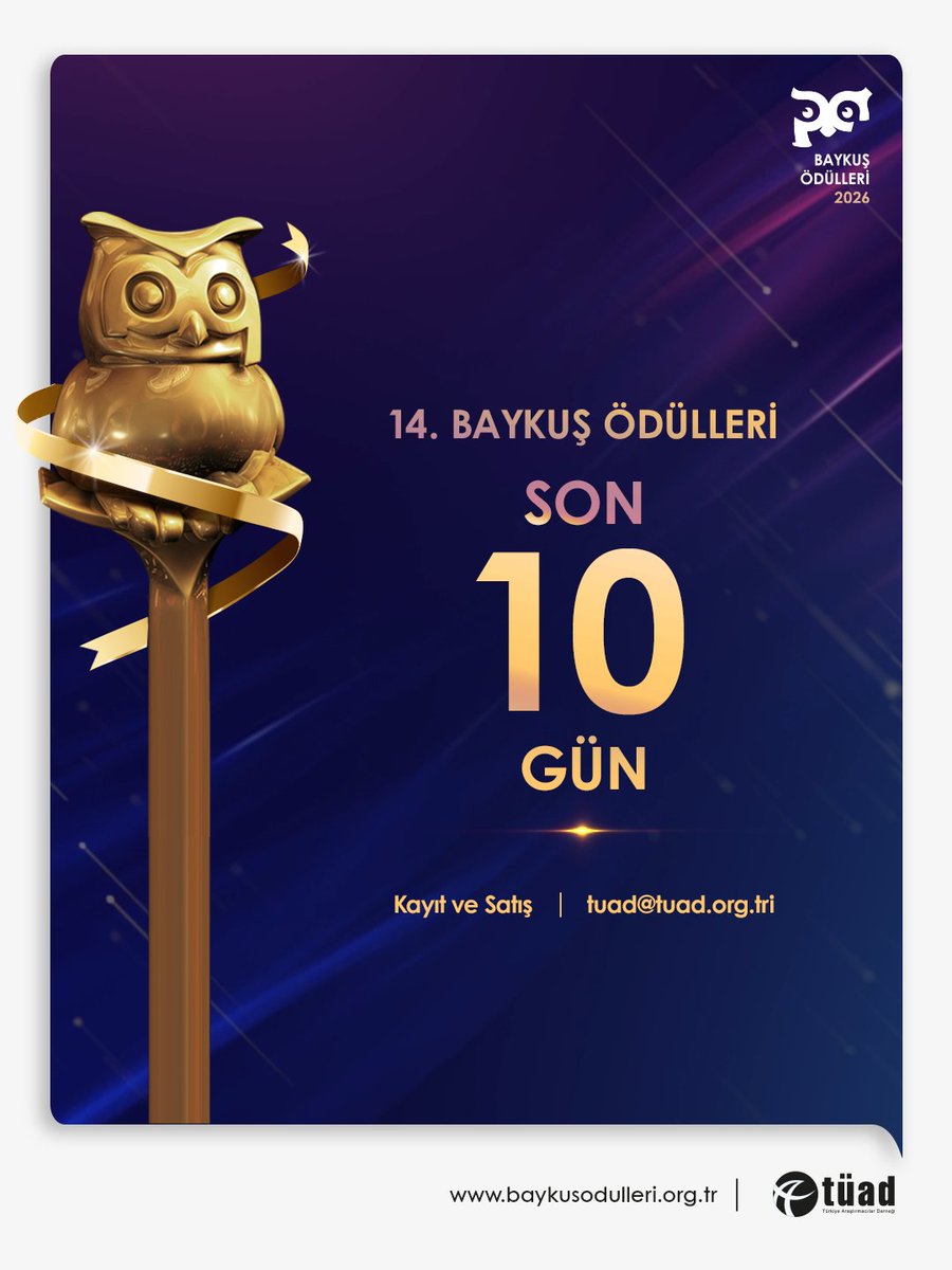 TrArasDernegi's tweet photo. 21 Eylül tarihinde Türkiye'nin en başarılı araştırma projeleri ödülleri ile buluşacak. Ödül Töreni için son 10 gün! Biletler satışta!
Kayıt ve satış: tuad@tuad.org.tr 
#BaykuşÖdülleri2026 #Tüad https://t.co/3jnqP9F30T