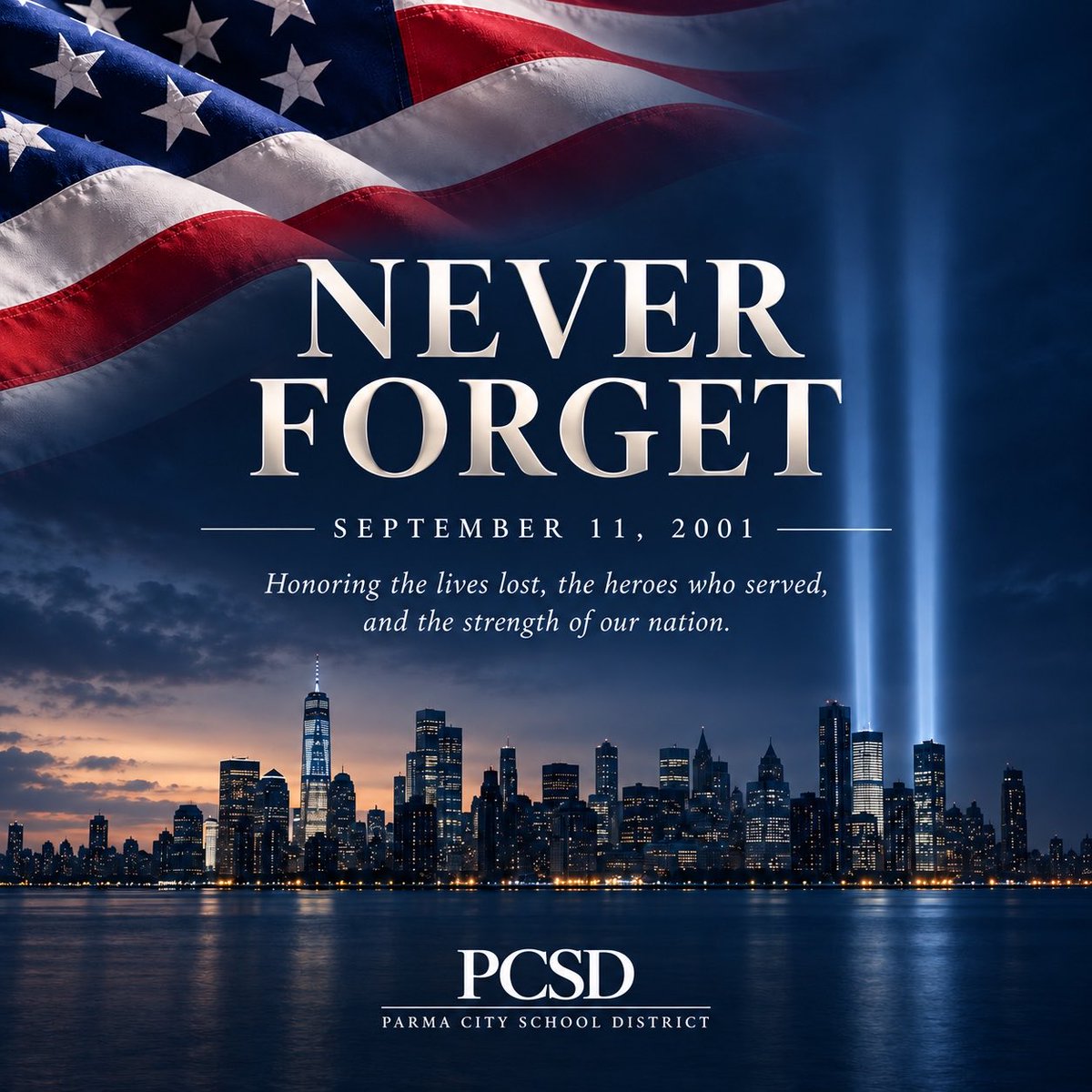 DrSJHunt's tweet photo. Twenty-five years later, we remember the lives lost, the heroes who responded, and the courage that united our nation. Today, we ask the entire @ParmaSchools to pause, reflect, and never forget September 11, 2001. ๐บ๐ธ #NeverForget #September11 #PCSDProud https://t.co/LBFpUxsUZc