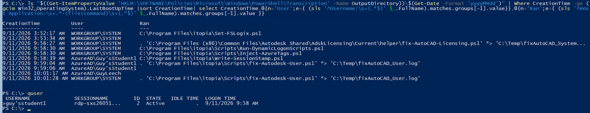 guyrleech's tweet photo. PowerShell 1 liner to show PowerShell scripts run since boot by trawling PS transcription logs (great for troubleshooting & security analysis)
https://t.co/80EU6i58Pc
#regex FTW 😂
Should work for pwsh.exe 7.x too as same parameters
(given up with @pastebin as posts get spammed)
