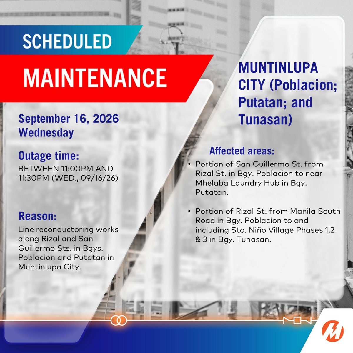 meralco's tweet photo. ADVISORY: May scheduled power interruptions sa ilang areas sa Muntinlupa City sa September 16, 2026. More: https://t.co/84IvKyzSZc https://t.co/meS4zFBD5q