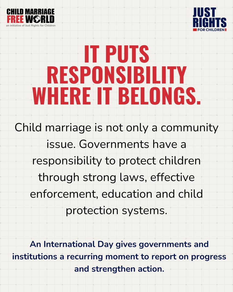 CMFreeWorld's tweet photo. An International Day is a call to action.

We urge governments to turn this moment into budgeted action, stronger laws and real protection for children and survivors.

Together, let’s build a #ChildMarriageFreeWorld.

#EndChildMarriage https://t.co/FuDQFx0eBb