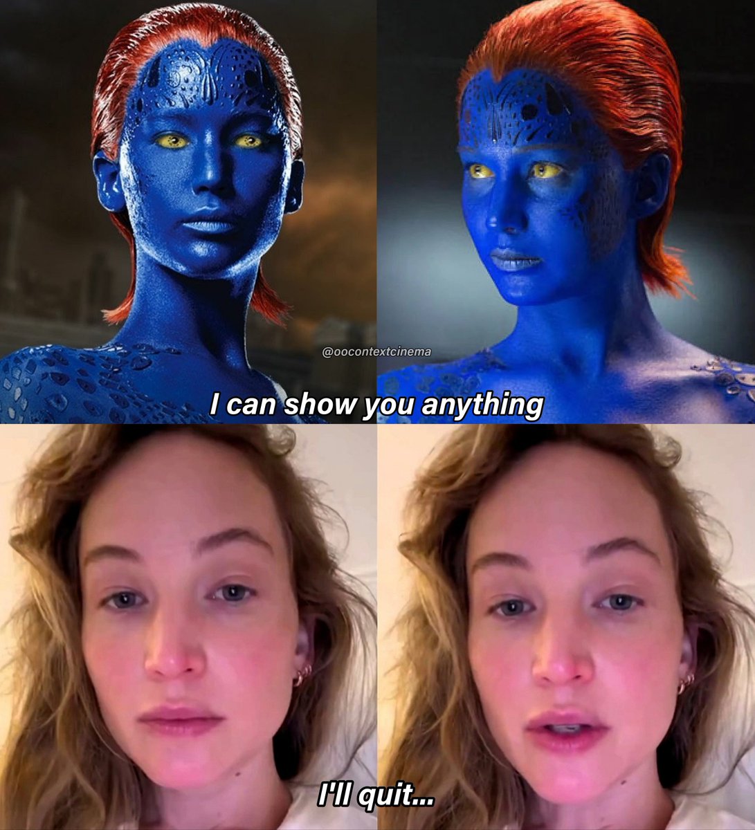 oocontextcinema's tweet photo. If you say anything wrong about mystique's features, she'll quit: Jennifer Lawrence https://t.co/CrdzMKoT8r