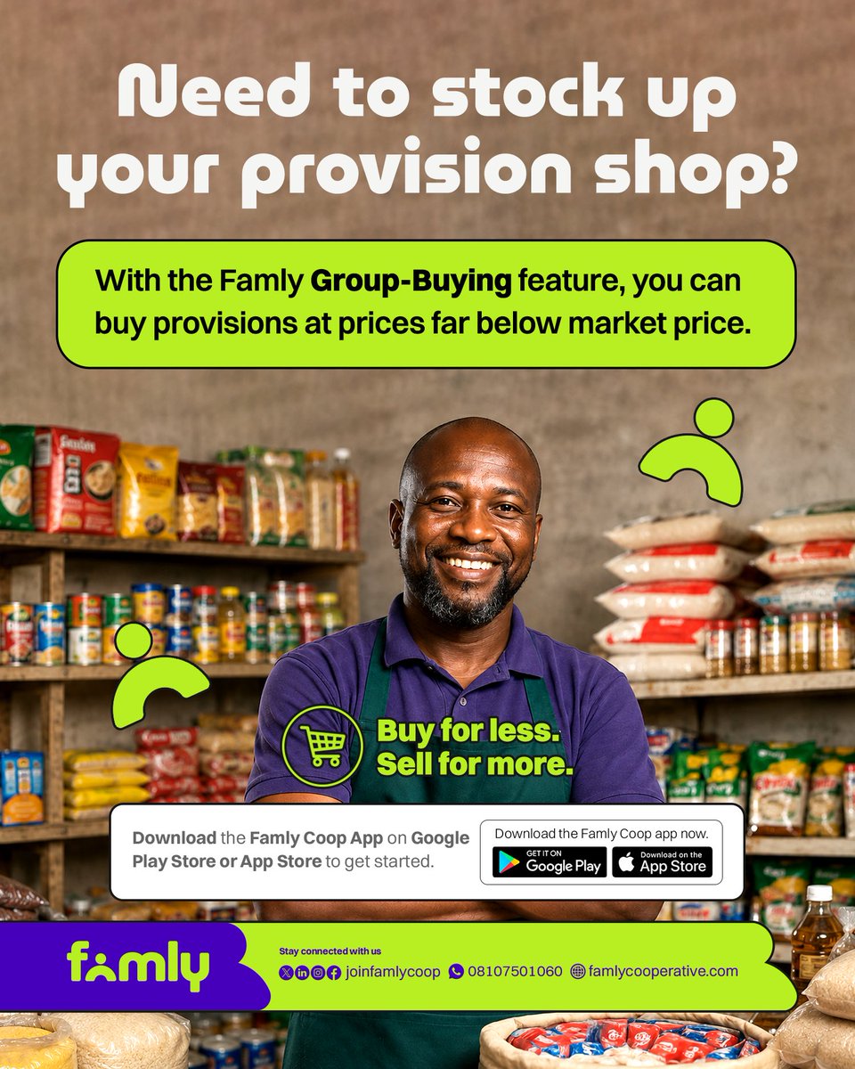 joinfamlycoop's tweet photo. Every naira matters when you’re running a business.

The lower your costs, the more room you have to grow.

Famly’s Group Buying feature helps you access provisions and essentials at more affordable prices.

Download Famly Coop on Google Play or App Store to get started. https://t.co/oRw73DqeJu