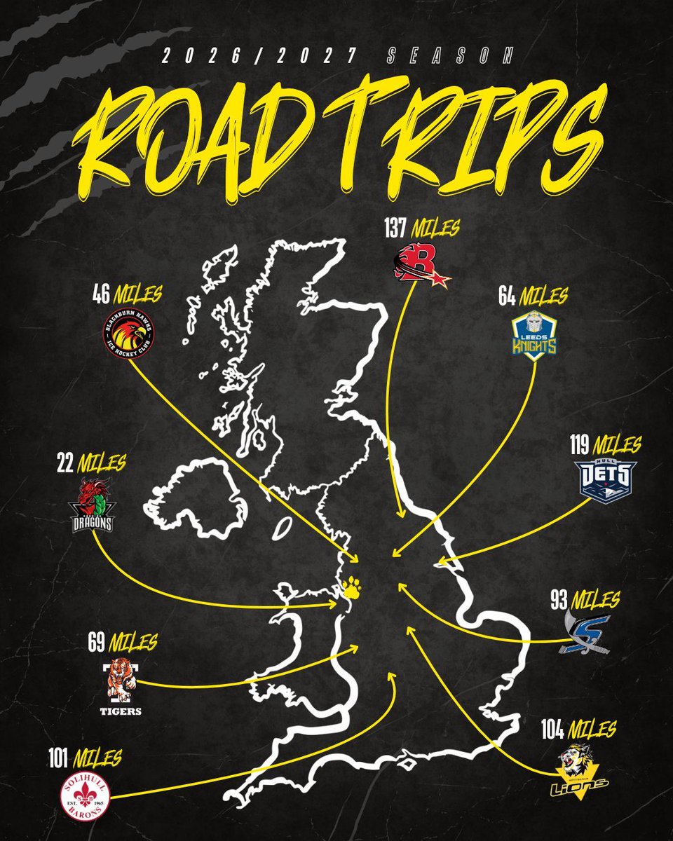 WidnesWild's tweet photo. 𝗪𝗜𝗟𝗗 𝗢𝗡 𝗧𝗛𝗘 𝗥𝗢𝗔𝗗 🚌

Here’s a look at where the Wild will be travelling across the 26/27 season, with our first road trip coming up TOMORROW against Telford Tigers! 👀

#LETSGOWILD #REWILDING https://t.co/EGlSk84vPU