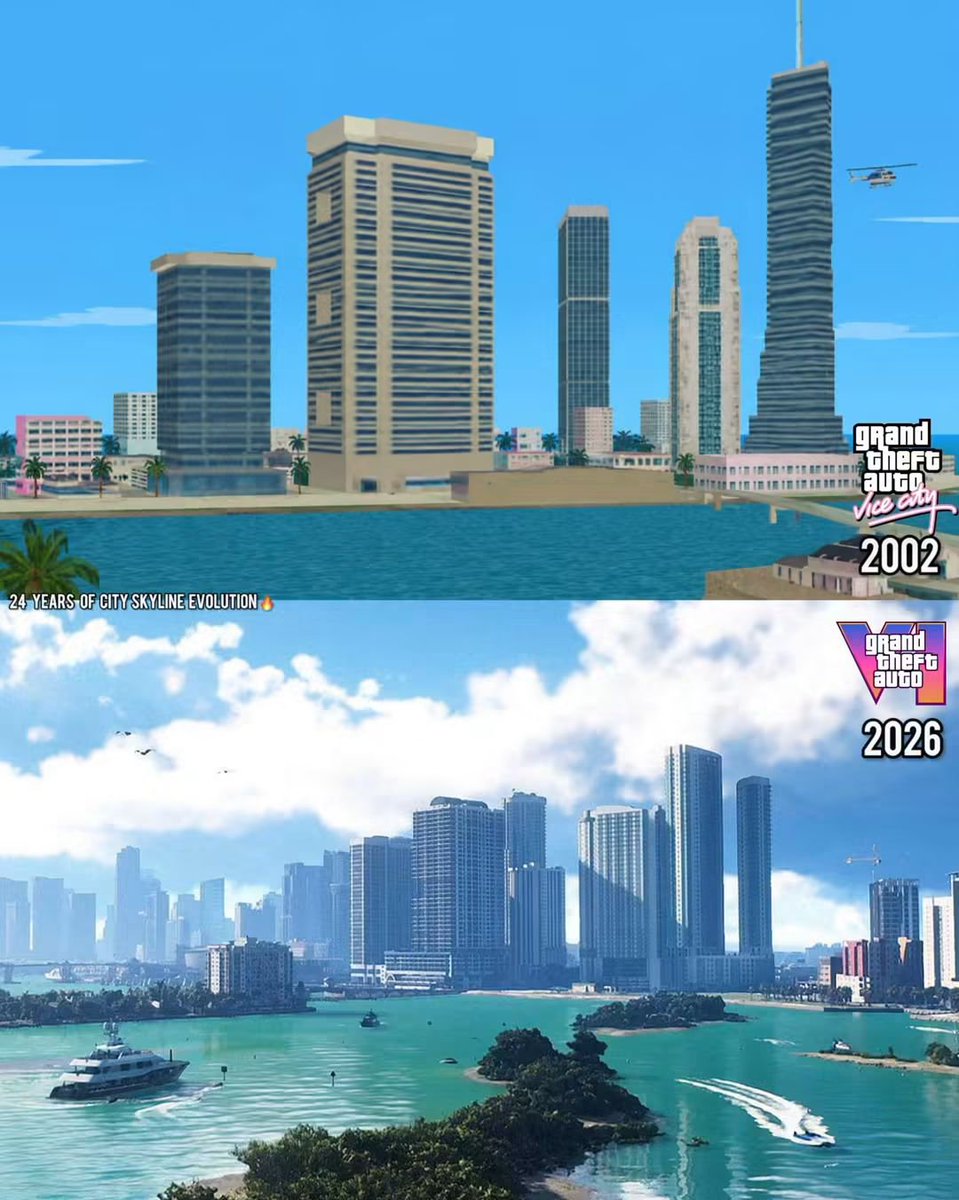 DiscoverwithShy's tweet photo. GTA VICE CITY (2002) vs GTA 6 (2026)
🌆 24 YEARS OF CITY SKYLINE EVOLUTION 🌴🔥

24 years later… Vice City is on another level. 🤯🌴🏙️
#fblifestyle #gaming #gta6 #gtavicecity https://t.co/T22NfQFiuR