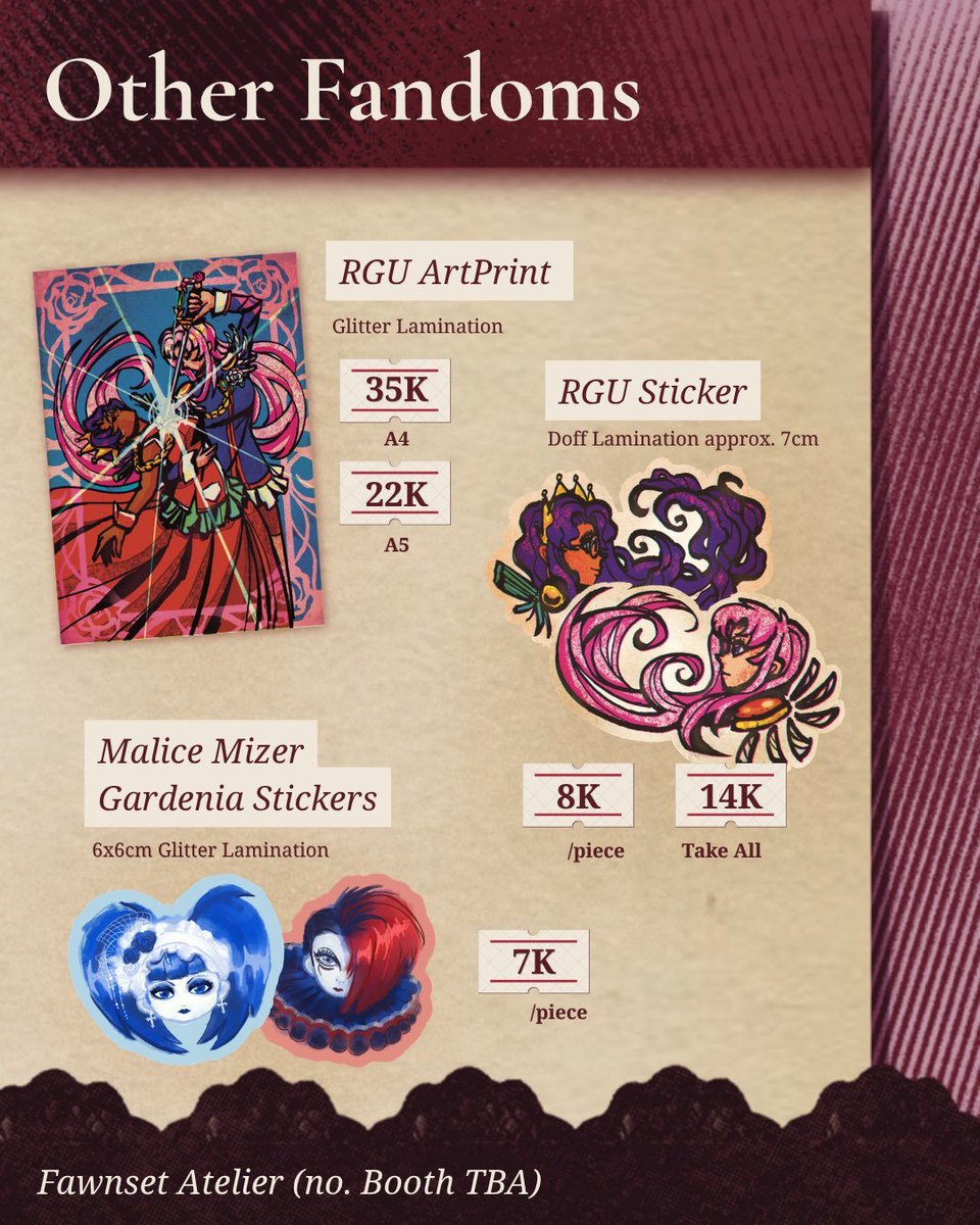 Tuan_Bebeq's tweet photo. [ ❤️ and 🔁 are appreciated ]

Bebek #CF23 PO is now open!! 

BOOTH Fawnset Atelier (no. Booth TBA)

📅: 11-21 September 2026 23:59 
📦: Pick up (day 2 only)/Mail Order (🇮🇩 only)
🌹: Ganbare nakamura, Vocaloid, Revolutionary Girl Utena, Malice mizer 

🔗 In the reply https://t.co/R4EqarNMYd