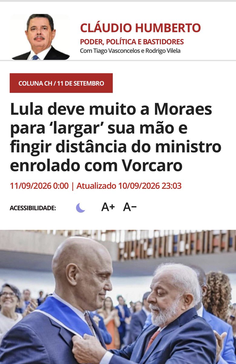 mauad_joao's tweet photo. Exatamente! Lula deve demais a Moraes. Está umbilicalmente ligado a ele. Enquanto dizia defender a democracia, Moraes queria mesmo era enterrar Bolsonaro politicamente e alçar Lula novamente ao poder. Usou todas as ferramentas que tinha em mãos para isso, principalmente o famigerado inquérito das fake news e a presidência do TSE, com o beneplácito da grande imprensa e das elites pensantes que hoje se dizem horrorizadas. 

Nunca foi pela democracia. Só os tolos e mal intencionados acreditavam nessa balela. Era tudo por poder - e dinheiro… E vou além: Sem as intervenções ilegais e direcionadas de Moraes durante o Governo Bolsonaro, não haveria acampamentos nos quartéis, não haveria 8/1 ou cogitação de estado de sítio. Em resumo, não só Moraes nunca fez nada pela democracia, como foi o principal causador da quebra da normalidade democrática.👇

“Foram tantas decisões de Alexandre de Moraes que ajudaram o projeto Lula (PT) de poder que fica difícil, mesmo para os padrões de canalhice da política brasileira, “largar a mão” do ministro do STF. Lula deve a Moraes até a recente reconciliação com Davi Alcolumbre: convocou o amigo “para um café” e fez dele seu articulador político. Moraes levou o presidente do Senado, quase sob vara, para beijar a mão de Lula. Não dá para Lula fazer o que fez à lobista Roberta Luchsinger, sócia do seu filho Lulinha, e dizer que Moraes lhe é estranho ou que mal o conhece.

Moraes ocupou o espaço deixado pela esquerda durante o “furacão Bolsonaro”, cumprindo o papel de infernizar o governo do inimigo do PT.

Sem Moraes, e tantas decisões desfavoráveis ao adversário no TSE, até reduzindo-lhe tempo de TV, Lula talvez não tivesse sido eleito.

Depois, Moraes liderou as ações contra Bolsonaro, da inelegibilidade à prisão, removendo da campanha a maior ameaça à reeleição do petista.

Por tudo, seria desconfortável “largar a mão” de Moraes. A ideia dos ativistas, apresentada como “bastidor”, não faz sentido nem para Lula.”