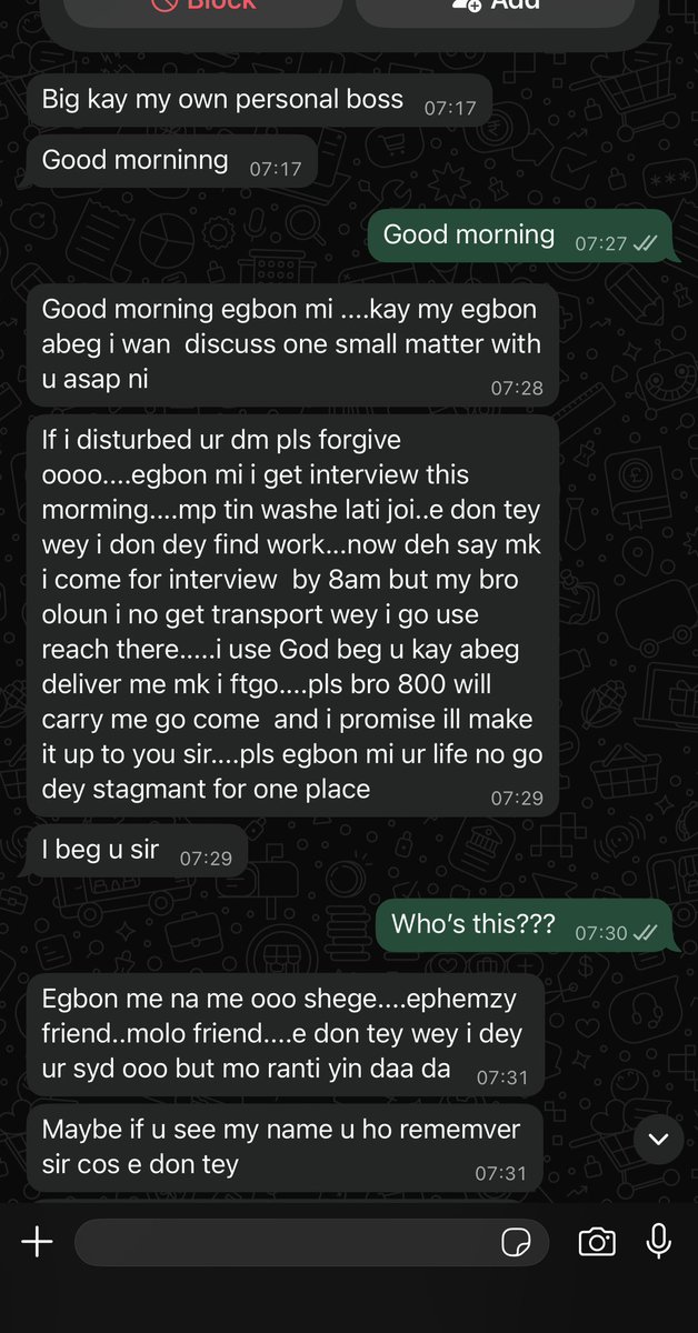 Biggest_Kay07's tweet photo. I’m currently in Nigerian Law School, so unless a message concerns business or something genuinely important, I barely respond to texts.

Yesterday, a random number messaged me asking for ₦800 transport fare to attend an interview.

I asked who he was because… obviously? 😭 https://t.co/pdkDuRcdVf