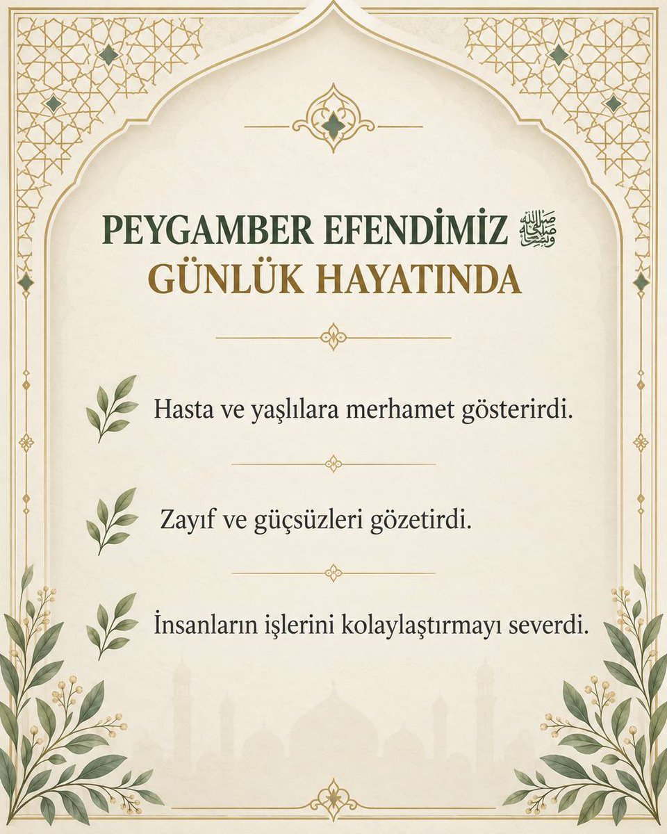 hadisderyasii's tweet photo. PEYGAMBER EFENDİMİZ ﷺ GÜNLÜK HAYATINDA

🌿 Hasta ve yaşlılara merhamet gösterirdi.
🌿 Zayıf ve güçsüzleri gözetirdi.
🌿 İnsanların işlerini kolaylaştırmayı severdi. https://t.co/GJmd8gqvWC