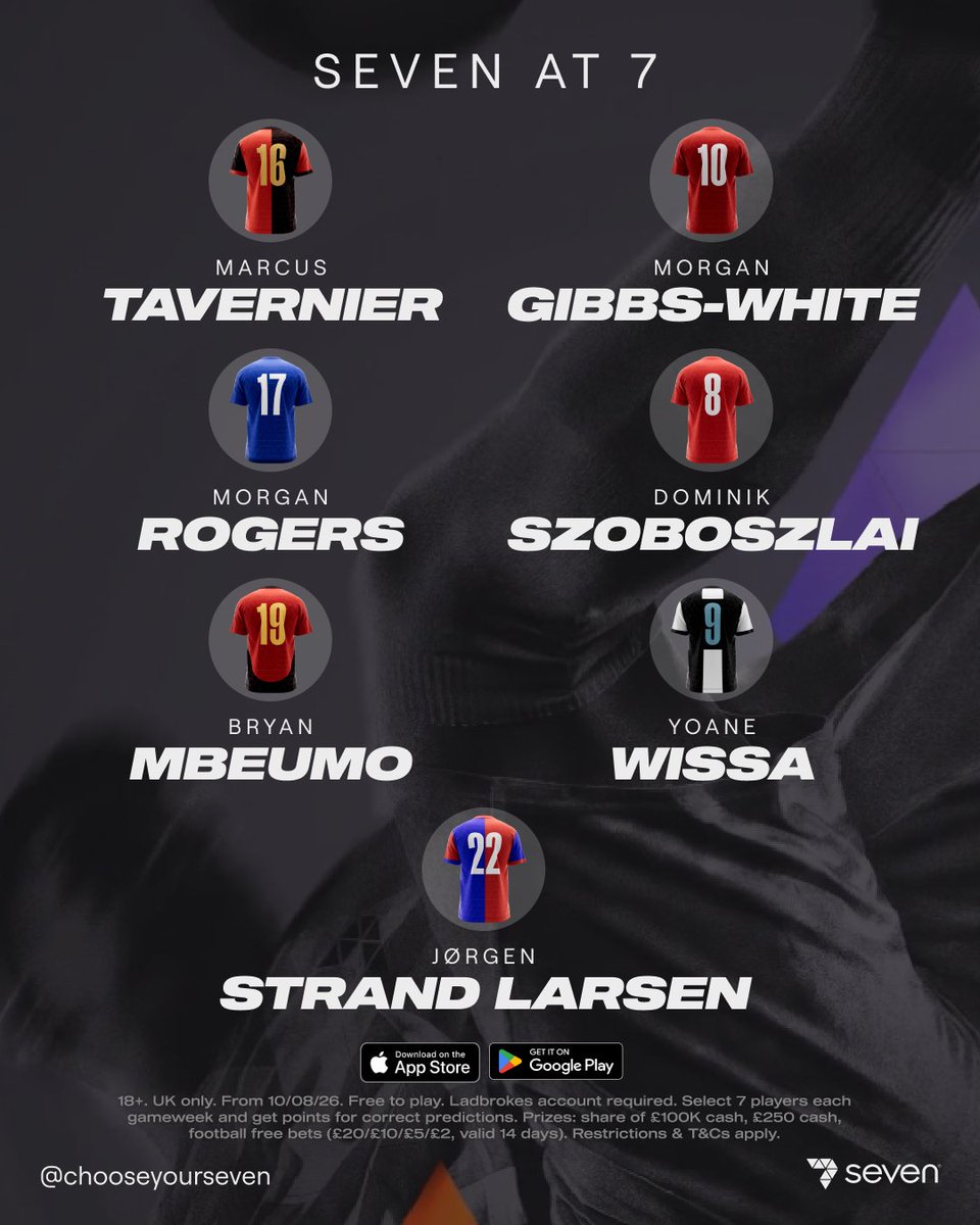 ChooseYourSeven's tweet photo. It's that time again 🚨

Here's your Seven at 7 for Gameweek 4. Who's in your line-up?

Download the app. Link in bio https://t.co/Q22s3k5Z9M