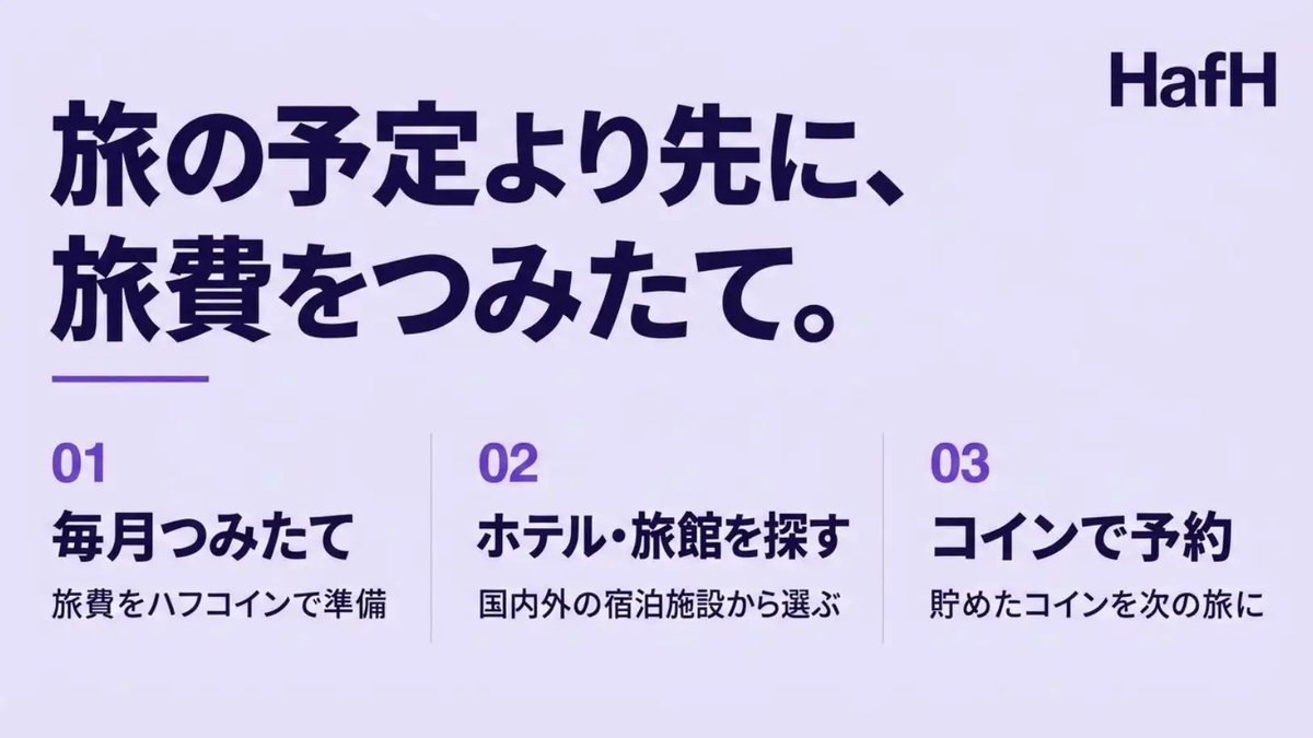 HafHtheWorld's tweet photo. 【Release🎉】つみたて旅行サービス「HafH（ハフ）」、会員数20万人を突破！

会員数は10万人（2024年）から2年で倍増。旅費を毎月つみたて、コインで宿泊予約する新しい旅のかたちが支持を拡大。

HafH（ハフ）は今後も、宿泊施設との連携やサービスの改善を通じて、旅行者が旅に出るきっかけと、宿泊施設が新たな旅行者と出会う機会を広げてまいります。

https://t.co/aMgHLr7GVZ