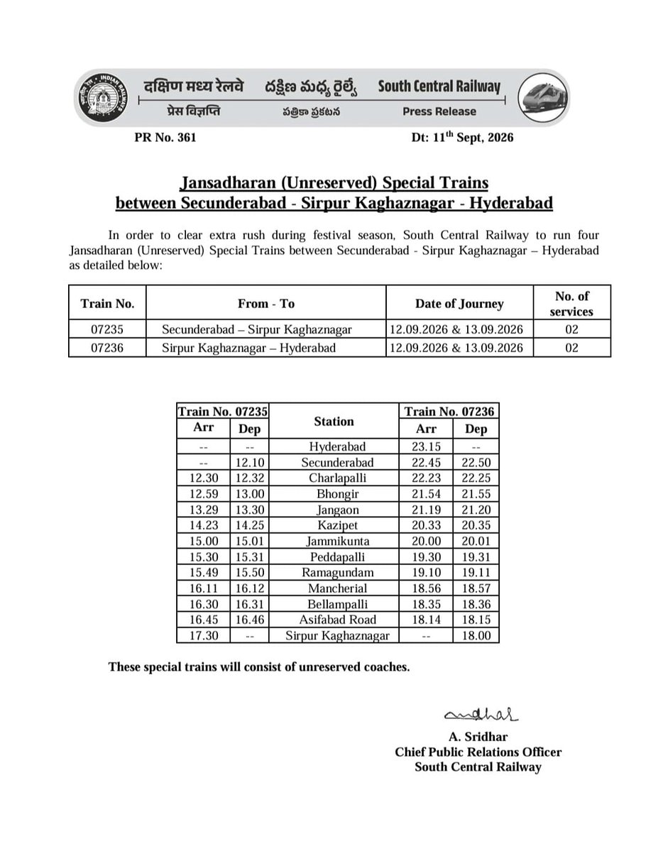 vkgaddam's tweet photo. Considering the high demand from passengers across the Peddapalli Parliamentary Constituency, particularly during the upcoming festive season, I requested the South Central Railway to continue the ‘Janasadharan’ special train services between Secunderabad–Sirpur Kaghaznagar and Sirpur Kaghaznagar–Hyderabad.

I am happy that South Central Railway has responded positively to my request and approved Janasadharan (Unreserved) Special Train services for September 12 and 13, 2026.

These special trains will greatly benefit passengers from Sirpur Kaghaznagar, Asifabad Road, Bellampalli, Mancherial, Ramagundam, Peddapalli, Jammikunta, Kazipet, Jangaon, Bhongir, Charlapalli and Hyderabad.

I will continue working to secure better railway connectivity and additional passenger facilities for the people of my constituency, especially during periods of high travel demand.

My sincere thanks to the South Central Railway authorities for responding to my request and providing much-needed relief to passengers during the festive season.

@SCRailwayIndia @INCTelangana @INCIndia