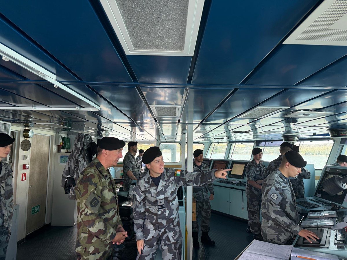 defenceforces's tweet photo. Recently, Chief of Staff Lieutenant General Rossa Mulcahy visited LÉ SAMUEL BECKETT during a Maritime Defence and Security Operations patrol off Ireland’s south west coast.

Winched aboard from an Air Corps AW139 in challenging sea conditions, the Chief of Staff observed a range of operational activity, including damage control and firefighting drills, celestial navigation, counter UAS procedures, a live firing exercise and the hailing of a Vessel of Interest transiting Ireland’s Exclusive Economic Zone.

Winching and fast roping are important capabilities for the Defence Forces, enabling the rapid and effective movement of personnel between air, land and maritime environments, particularly where conventional access may be limited.

The visit provided an opportunity to see first hand the readiness, professionalism and operational capability of the Air Corps and Naval Service personnel.

#ÓglaighnahÉireann