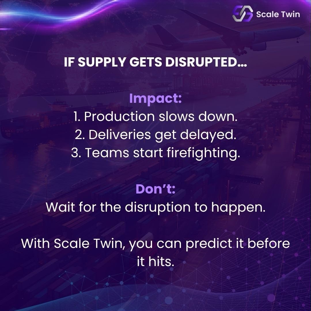 scale_twin1's tweet photo. Supply chain failures rarely happen overnight.

They start with missed signals, delayed decisions, and limited visibility.

The real advantage? Predicting risks before they become disruptions.

Simulate. Anticipate. Act smarter.

#DigitalIntelligence #DigitalSupplyChain #AI https://t.co/1QLaAdvNqY