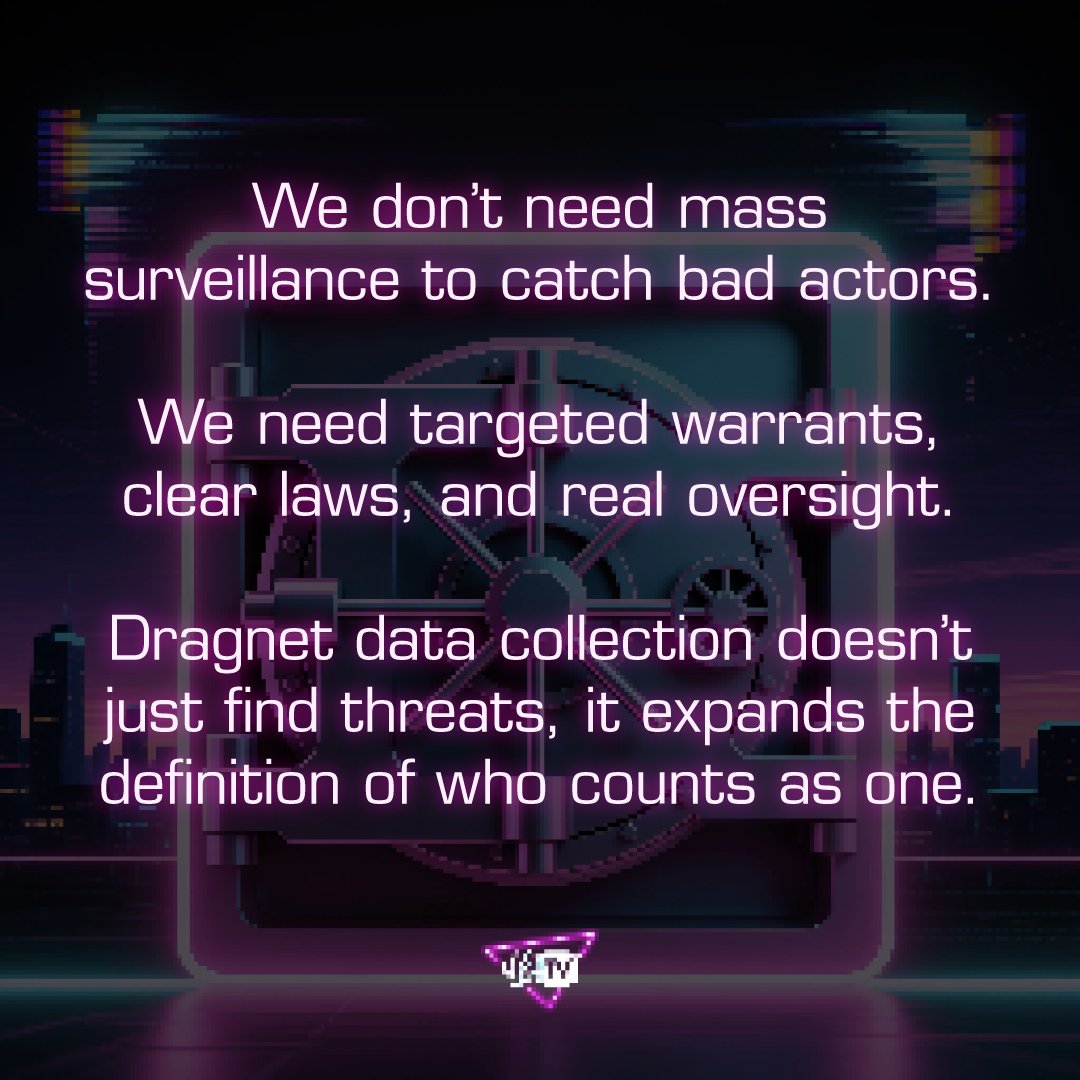 naomibrockwell's tweet photo. We don’t need mass surveillance to catch bad actors. 
We need targeted warrants, clear laws, and real oversight. 
Dragnet data collection doesn’t just find threats, it expands the definition of who counts as one. https://t.co/165fO04oGi