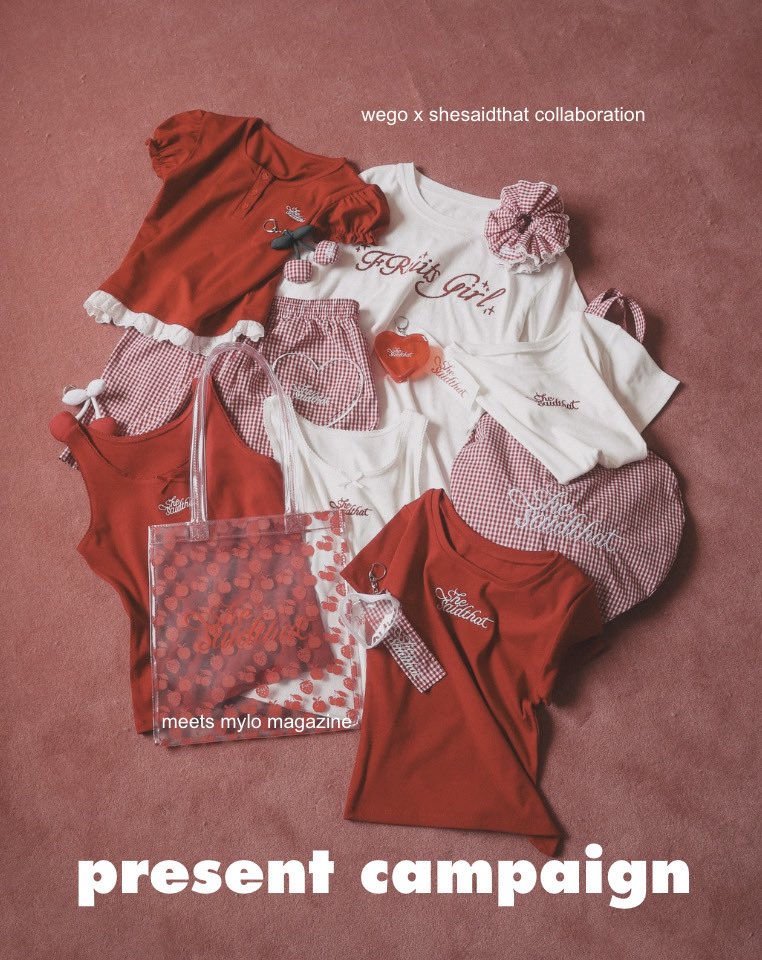 mylo_magazine's tweet photo. 【WEGO × shesaidthat 🍒豪華セットを7名様へプレゼント】

mylo magazine 特別コラボで話題のアイテムセットを7名様へプレゼント𖤐ᵕ𖤐

応募方法はフォローリポスト&ほしい番号をリプライか引用するだけ👧🏻❤️‍🔥
たくさんのご応募お待ちしています！詳細は3枚目を見てね૮ ˶ᵔ ᵕ ᵔ˶ ა

@shesaidthat_kr @mylo_magazine