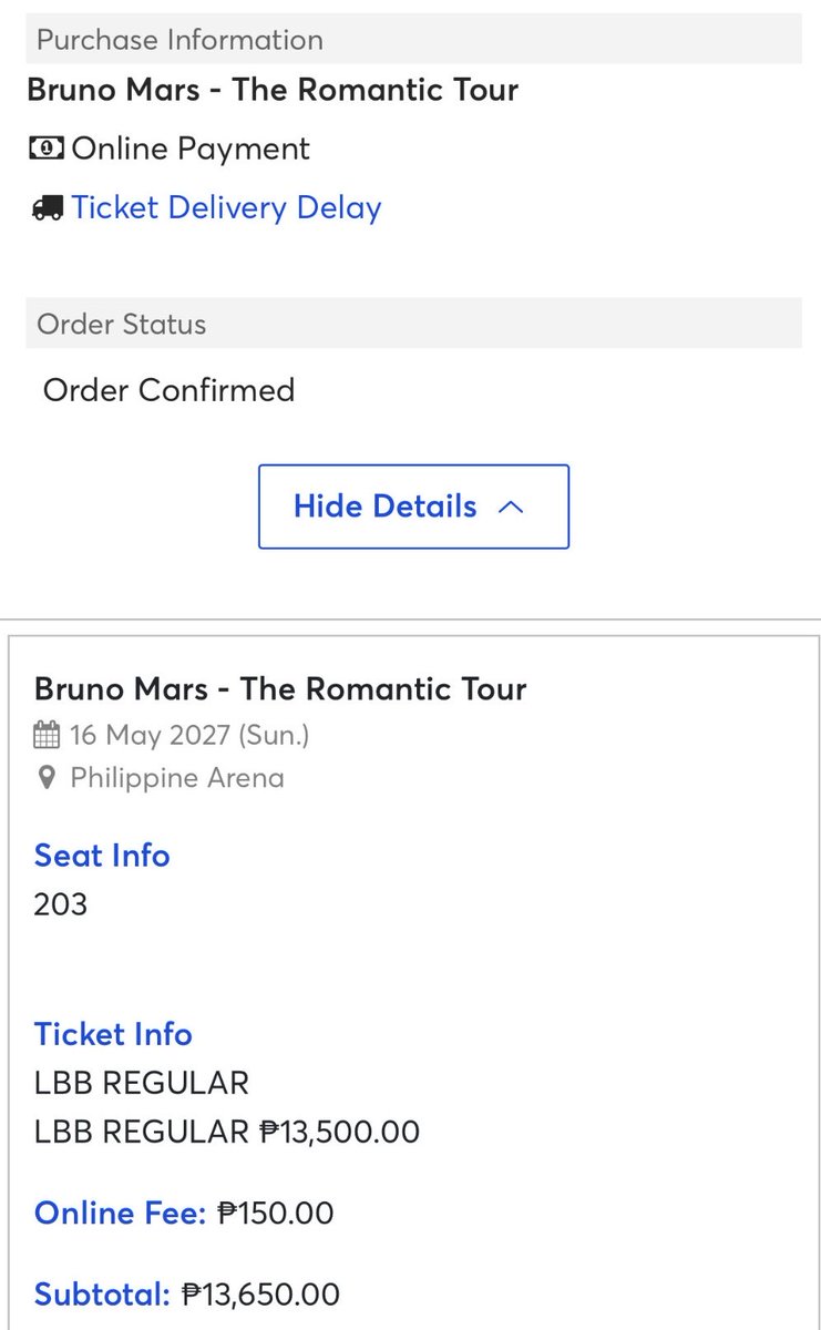 nameeii_'s tweet photo. Hi everyone! I’m selling 1 extra LBB ticket (Section 203) for Bruno Mars – The Romantic Tour!

Here’s what happened: I was able to secure this ticket first, originally sana for my friend Sam. I was trying to get 3 seats together for my jowa, sissy, and me.. https://t.co/GB0oLqscGR