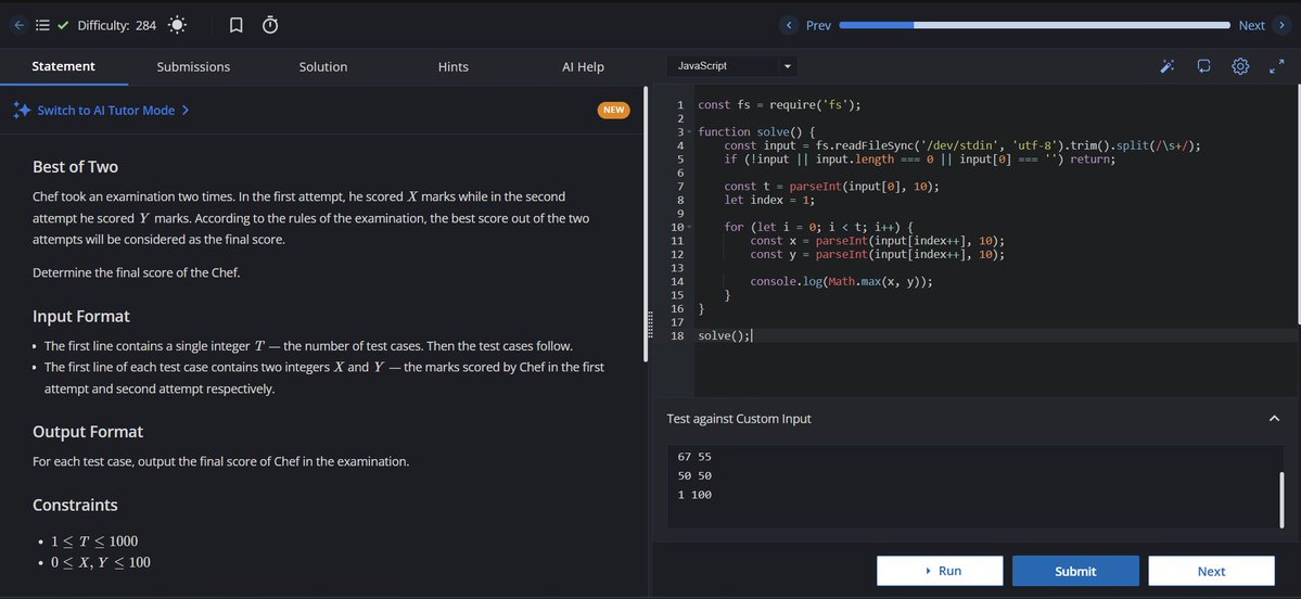 AkkalAbhishek's tweet photo. Day 145 of Coding
Solved another CodeChef problem — Best of Two.
Used Math.max() to find the higher score from two attempts.
Time Complexity: O(T)
Space Complexity: O(T)
#Day145 #CodeChef #JavaScript #365DaysOfCode https://t.co/lmtjwAcvHP