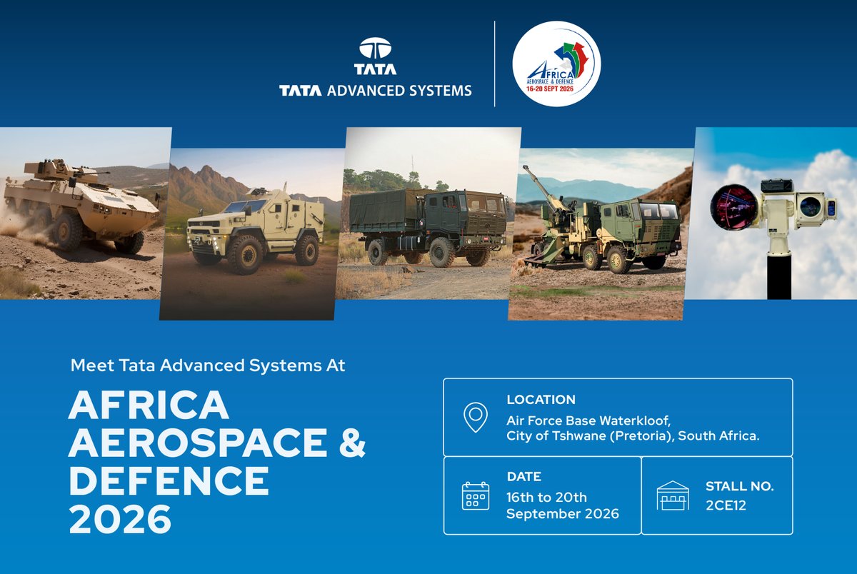 tataadvanced's tweet photo. Meet Tata Advanced Systems at Africa Aerospace & Defence (AAD) 2026.

Explore our capabilities across defence and land mobility, and discover how we are advancing solutions for evolving mission requirements.

📍 Air Force Base Waterkloof, Pretoria, South Africa
 📅 16th to 20th September 2026
 📌 Stall 2CE12

We look forward to connecting with you.

#TataAdvancedSystems #AAD2026 #AfricaAerospaceAndDefence #Defence #LandMobility #MadeInIndia