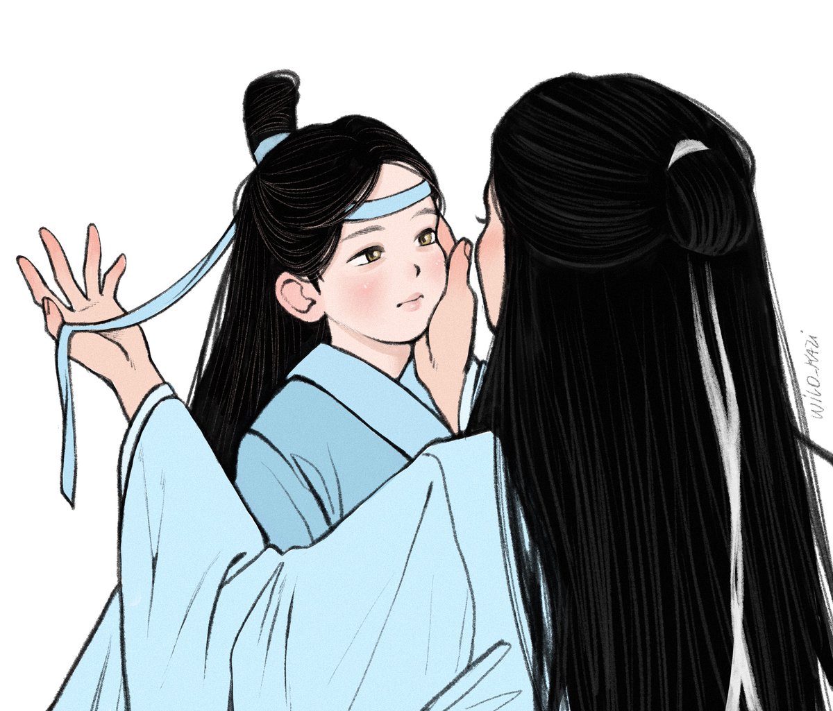 wild_kazi's tweet photo. prompt: babyji learning how to tie the headband / lan wangji and mama lan petting rabbits

ok i adapted this one to 'mama lan fixed/tied his forehead ribbon' and 'babyji having a moment with mama lan'

more bunnies later !! https://t.co/yqH7EOIpKl