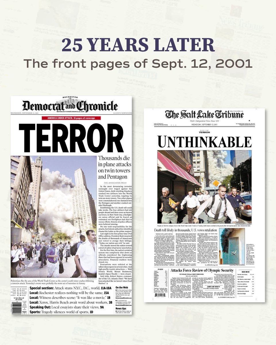 1stForAll's tweet photo. 25 years later: The front pages of Sept. 12, 2001.

Explore this collection of archived front pages to see how newsrooms around the world covered Sept. 11.