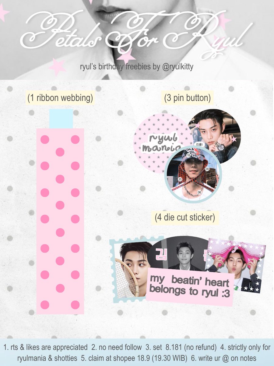 ryulkitty's tweet photo. #PetalsForRyul 🪽

ryul’s birthday freebies by @ryulkitty 

how to claim?
⭑ rts &amp; likes are appreciated 
⭑ please read the tnc below 
⭑ not open for trade

limited quantity, good luck ♡ https://t.co/WgkVqxISge