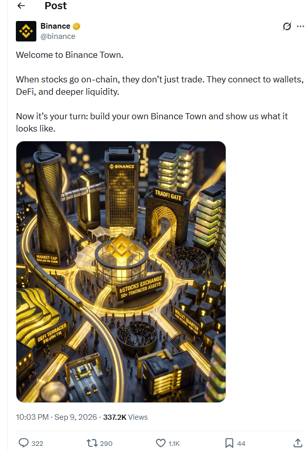 BinanceTown__'s tweet photo. Binance 发过一张图，画的是一座交易所城市。 我们把它搬上了链。

不是贴在墙上欣赏，而是让它在区块链上真正运转—— 每一栋楼、每一条街道、每一个市民的站位， 都写进合约，永久不可更改。

没有服务器可以关掉它。 没有后台可以重排座位。 没有谁能事后补一张牌照。

城市会自己慢慢亮起来。 第一个人入城，街灯亮一盏； 最后一个人坐定，天际线就完成了。

那一天之后，城门永久关闭。 唯一进出的方式，是市民之间的转让。

这座城已完成独立安全审计。 规则不再依赖任何人，也不再需要任何人守护。

它会在链上一直运行下去。

Binance once posted a picture of a city. We put it on the chain.

Not to frame it — but to let it run. Every building, every street, every citizen's place, written into a contract that no one can rewrite.

No server can shut it down. No backend can reshuffle the seats. No one can quietly add a license afterward.

The city lights itself, one citizen at a time. The first arrival turns on a street lamp. The last arrival completes the skyline.

After that, the gates close forever. The only way in is a citizen's transfer to another citizen.

This city has completed an independent security audit. Its rules no longer depend on anyone — and no longer need anyone to guard them.

It will keep running, on the chain, as long as the chain runs.