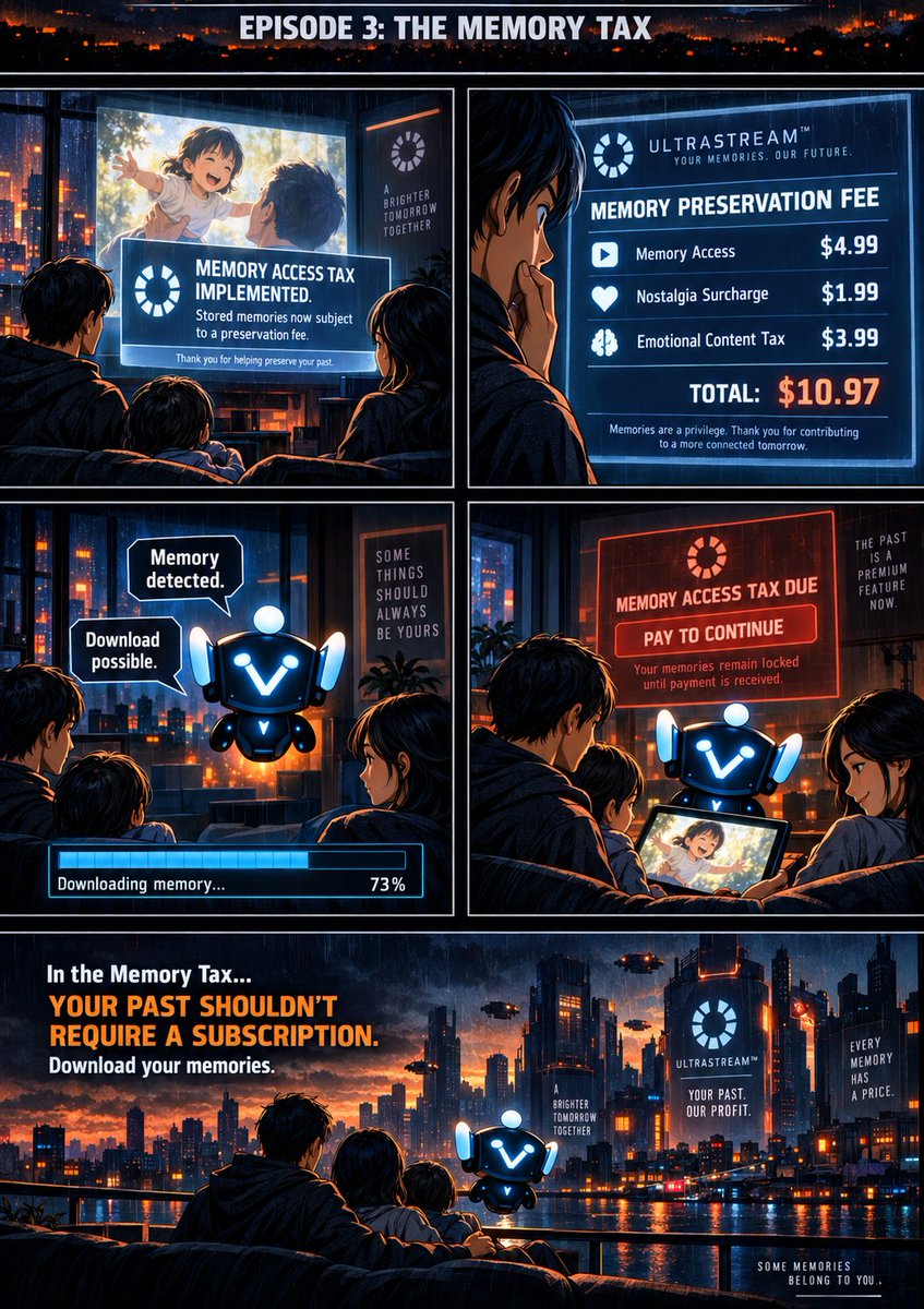kronwareio's tweet photo. What if your own memories came with a monthly bill? 😳

Memory access tax. Nostalgia surcharge. Emotional content tax.

Your past shouldn’t require a subscription.

Download your videos. Keep them yours.

https://t.co/h7YX12YoK8

#Vidlr #OfflineNation #Privacy https://t.co/YPhCOZTjfv