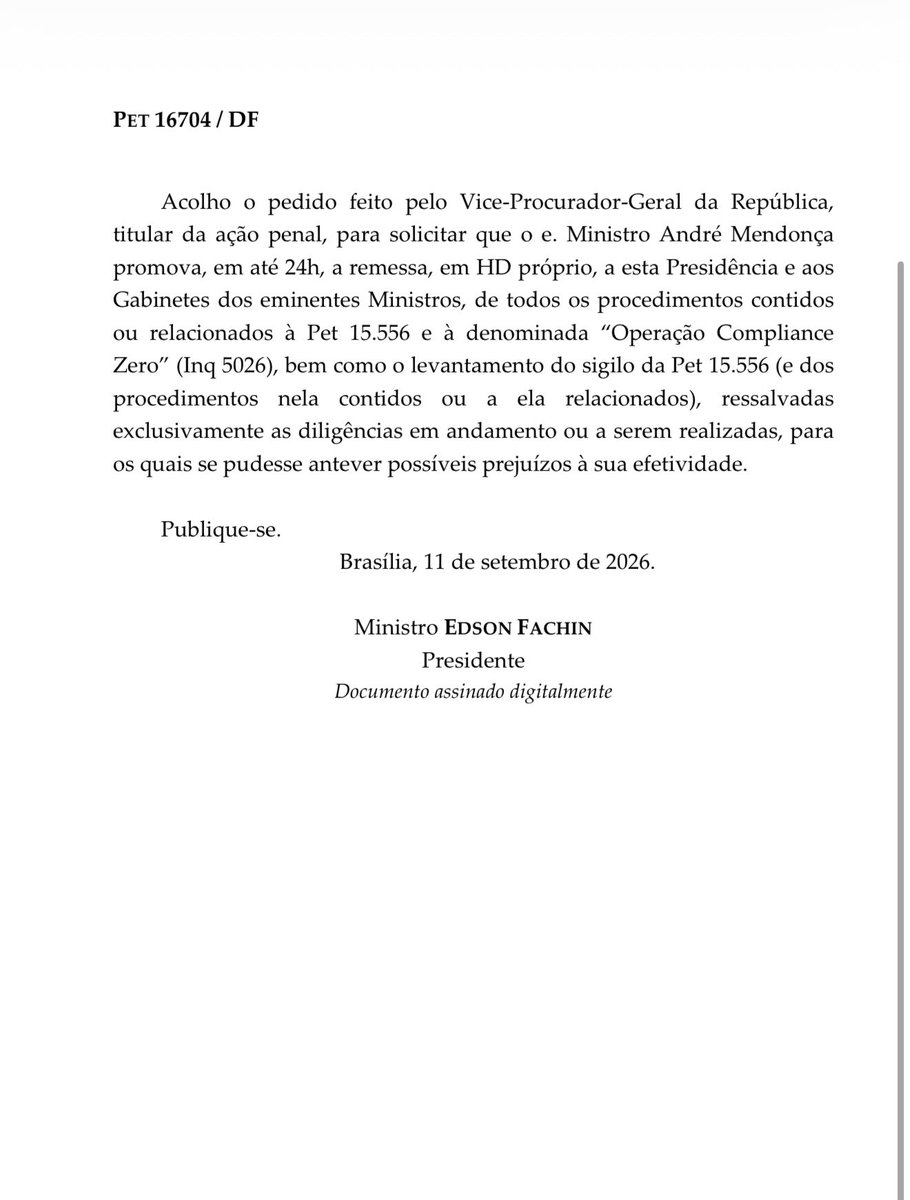 SamPancher's tweet photo. BREAKING: Fachin dá prazo de 24 horas para que Mendonça tire sigilo de todos os documentos do caso Master.

A decisão 👇🏻 https://t.co/Bz0b1TnypG