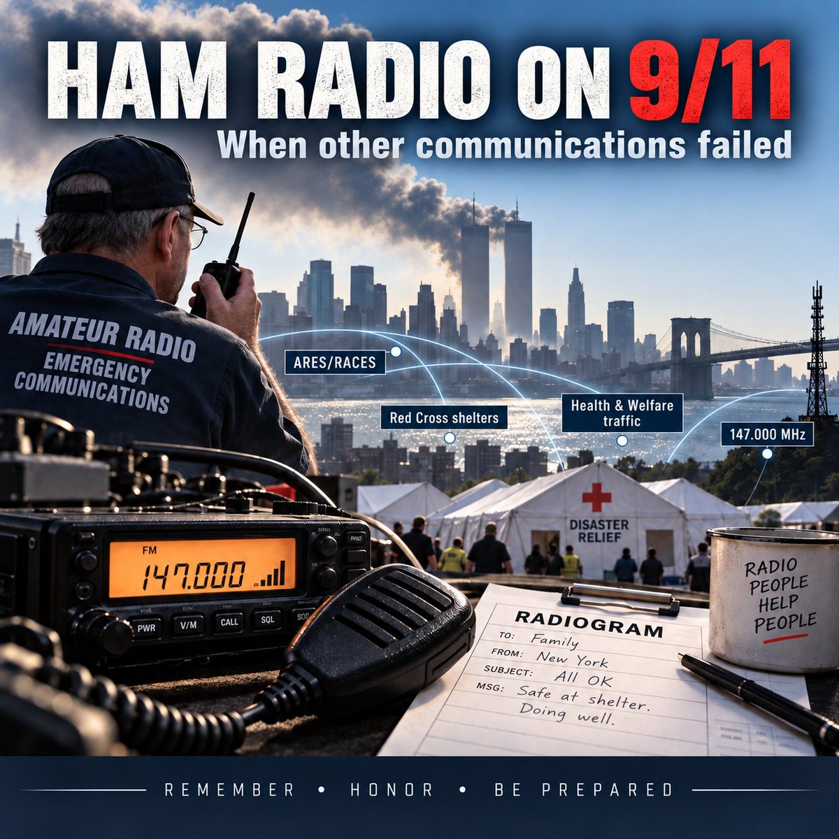 KiloMike9Golf's tweet photo. On 9/11, amateur radio ops quietly served where they were needed, supporting shelters, hospitals, relief agencies, and families trying to reach one another

Today, we remember them with gratitude

To the hams who showed up, stayed on the air, and helped carry the load: thank you. https://t.co/tQcNMGA5NX