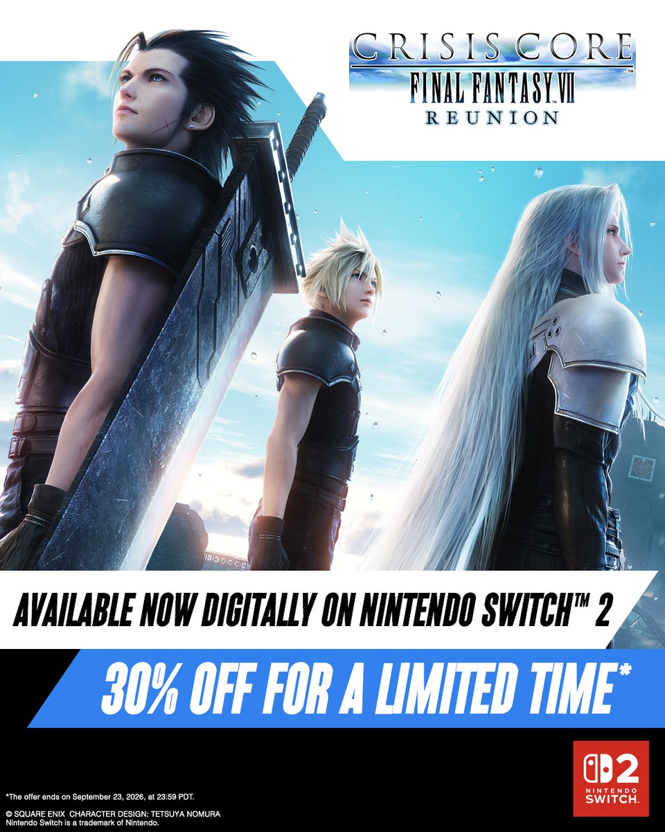 finalfantasyvii's tweet photo. Save 30% on Crisis Core –Final Fantasy VII– Reunion on Nintendo Switch 2 for a limited time! https://t.co/z0EzebmhNz