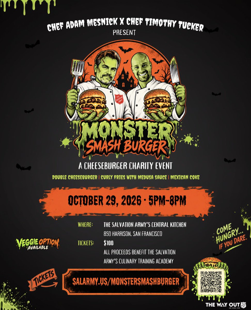 TheWayOutSF's tweet photo. Chef Adam Mesnick @deliboard × Chef Timothy Tucker are cooking up Monster Smash Burger! Oct. 29 in SF. All proceeds benefit @TheWayOutSF’s Culinary Training Academy! https://t.co/r7BdWlMCs3