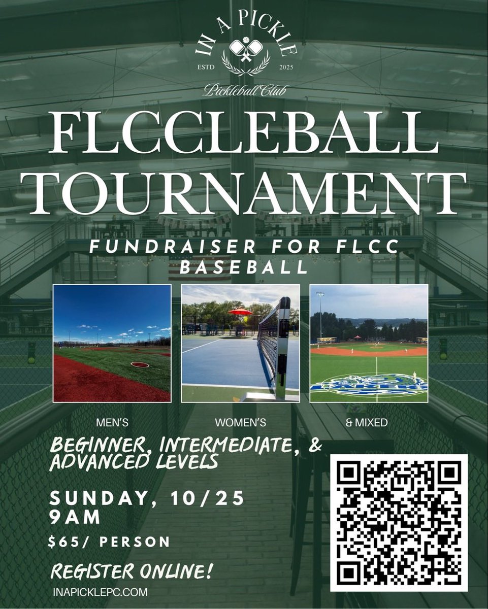 FLCCBaseball's tweet photo. Just a reminder to join us on Sunday, October 25th at 9 AM for our FLCC Baseball Pickleball Tournament!
Beginner, Intermediate &amp; Advanced levels. Come out, compete, have some fun, and support FLCC Baseball! ⚾️
💰 $65/person 📅 October 25th | 9 AM 📍 In A Pickle https://t.co/iniGdK855p