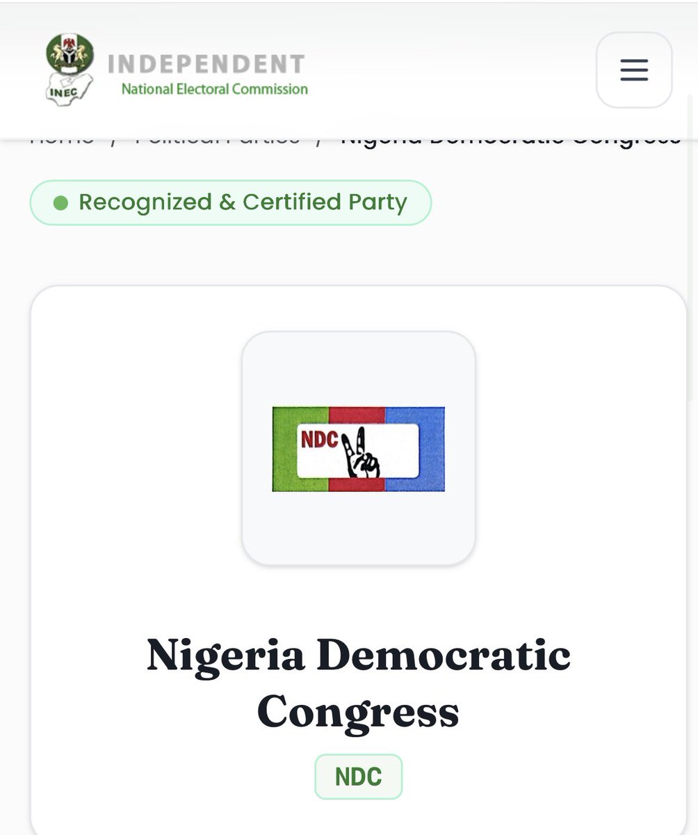 DrFolaseye's tweet photo. @inecnigeria 
I believe you don’t want to be part of the confusion. Since this verdict has been given that NDC should revert back to the newly approved logo, why is it that as at an hour ago your portal still shows the old logo. Are you trying to confuse Nigerians or you are trying to show us who you really are ?